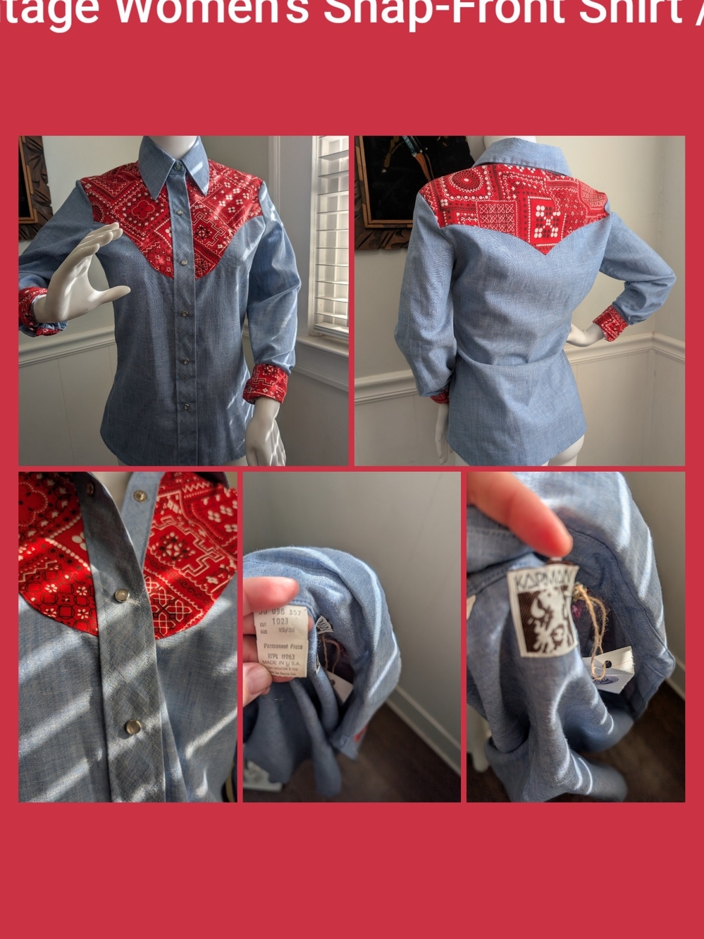 Karman Western Style Shirt Blue chambray With Red Bandana Yoke